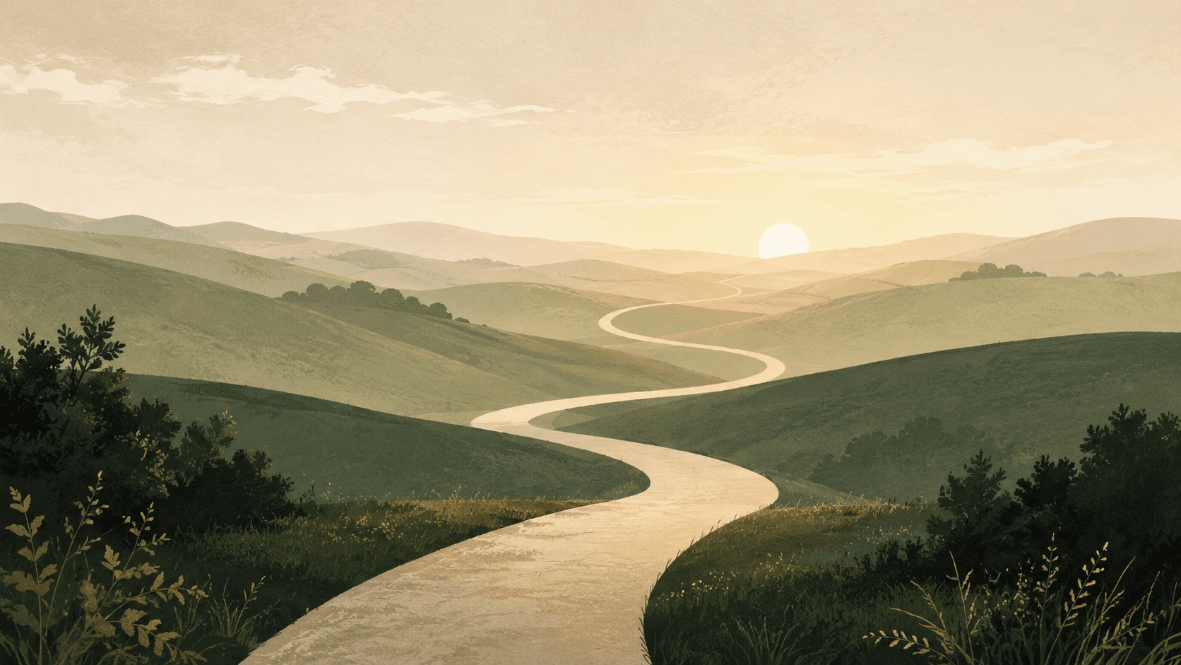 Illustration of a path winding across gentle hills at dawn