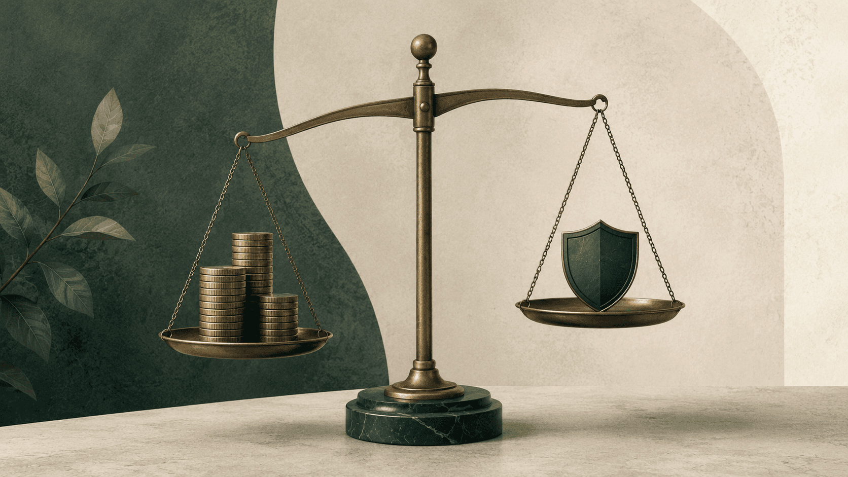 Illustration of a balance scale weighing a stack of coins against a shield